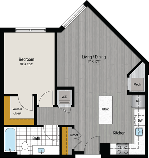 Floor plan for 1 bed, 1 bath, 672 sqft